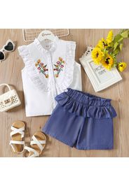 2pcs Kid Girl Floral Embroidered Ruffle Collar Sleeveless Blouse and Denim Jeans Shorts Set