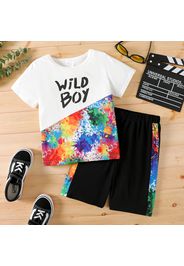 2pcs Kid Boy Letter Painting Print Colorblock Short-sleeve Tee and Elasticized Shorts Set