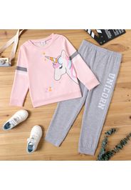 2-piece Kid Girl Unicorn Stars Print Pink Pullover Sweatshirt and Letter Print Gray Pants Set