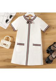 Kid Girl Preppy style Bowknot Pocket Design Striped Short-sleeve Dress