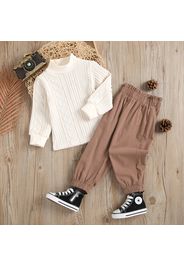 2-piece Toddler Girl Mock Neck Cable Knit Long-sleeve White Top and Brown Paperbag Pants Set