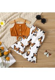 2pcs Baby Girl Button Front Self-tie Cami Crop Top and Allover Butterfly Print Flared Pants Set