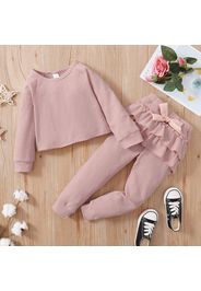 2-piece Toddler Girl Back Wrap Long-sleeve Top and Bowknot Layered Ruffle Pink Pants Set