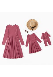 Solid Bean Paste Color Round Neck Long-sleeve Pleated Dress for Mom and Me