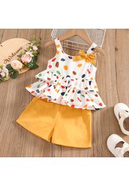 100% Cotton 2pcs Baby Girl Colorful Dots Sleeveless Layered Ruffle Top and Solid Shorts Set