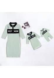 Letter Print Splicing Lapel 3/4 Sleeve Green Waffle Slim Fit Dress for Mom and Me