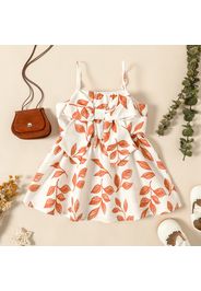 Baby Girl All Over Leaf Print White/Brown Spaghetti Strap Bowknot Dress