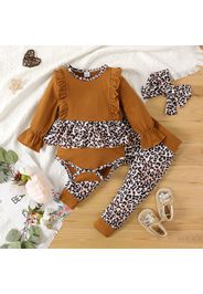 100% Cotton 3pcs Baby Girl Leopard Splicing Black Long-sleeve Ruffle Romper and Pants Set