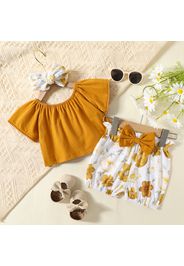 3pcs Baby Girl 95% Cotton Short-sleeve Loose-fit Top and Floral Print Bowknot Shorts with Headband Set