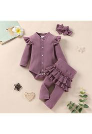 3pcs Baby Solid Ribbed Long-sleeve Cotton Ruffle Romper and Pants Set