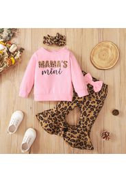 3pcs Baby Girl Letter Print Long-sleeve Top and Leopard Flared Pants Set