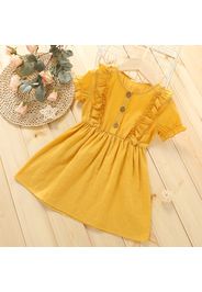 Toddler Girl 100% Cotton Ruffled Button Design Solid Color Short-sleeve Dress