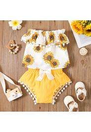 2pcs Baby Girl Sunflower Floral Print Off Shoulder Pom Poms Ruffle Top and 100% Cotton Shorts Set