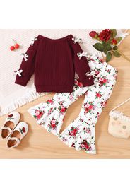 2pcs Baby Girl Solid Textured Off Shoulder Bowknot Long-sleeve Pullover and Floral Print Flared Pants Set