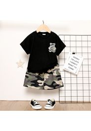 2pcs Toddler Boy Bear Print Short-sleeve Black Tee and Camouflage Print Shorts Set