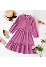 Kid Girl Lapel Collar Button Design Long-sleeve Solid Tiered Dress