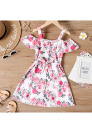 Kid Girl Floral Print Button Design Off Shoulder Flounce Belted Strap Dress