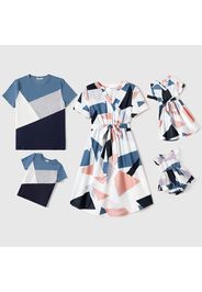 Family Matching Allover Geo Print V Neck Belted Short-sleeve Dresses and Colorblock T-shirts Sets