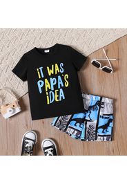 2pcs Toddler Boy Letter Print Short-sleeve Black Tee and Dinosaur Print Colorblock Shorts Set