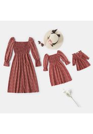 Rosy Floral Print Square Neck Bell Sleeve Shirred Smocked Dress for Mom and Me