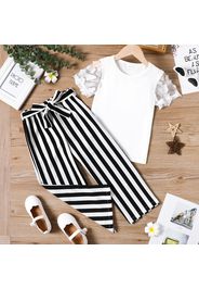 2pcs Kid Girl 3D Floral Design Mesh Short-sleeve White Tee and Belted Stripe Ankle Length Pants Set