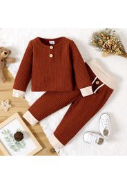 2pcs Baby Boy Brown Knitted Ribbed Long-sleeve Top and Trousers Set