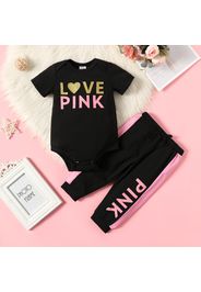 2pcs Baby Girl Letter Print Short-sleeve Romper and Colorblock Sweatpants Set