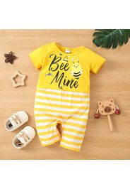 Baby Boy Cartoon Animal and Letter Print Short-sleeve Splicing Striped Jumpsuit