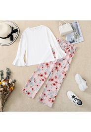 2-piece Kid Girl Solid Color Long Bell sleeves Tee and Floral Print Belted Straight Pants Set