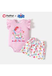 Peppa Pig 2pcs Baby Girl Pink Flutter-sleeve Graphic Romper and Allover Print Bow Front Skirt Set