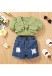 2pcs Baby Girl Cotton Puff-sleeve Bowknot Crop Top and Ripped Denim Shorts Set