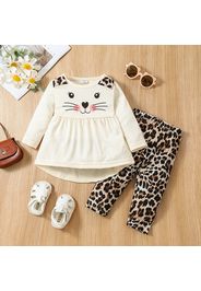 2pcs Baby Girl Cartoon Cat Print Long-sleeve Top and Leopard Pants Set