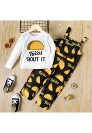 2pcs Toddler Boy Letter Food Print Long-sleeve Tee and Pocket Design Overalls Set