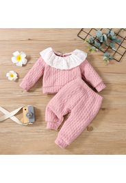 2pcs Baby Solid Imitation Knitting Ruffle Long-sleeve Cotton Top and Pants Set