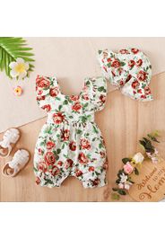 2pcs Baby Girl Allover Floral Print Ruffle Trim Sleeveless Romper with Hat Set