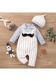 2pcs Baby Boy Grey Lapel Long-sleeve Splicing Striped Jumpsuit Set