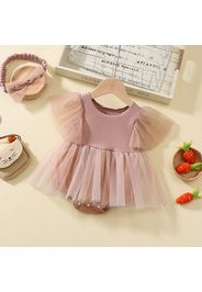 2pcs Baby Girl 100% Cotton Mesh Short-sleeve Romper Dress with Headband Set