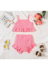 2pcs Baby Girl Solid Ribbed Spaghetti Strap Ruffle Top and Shorts Set