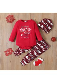 Christmas 3pcs Baby Boy/Girl Letter Print Red Long-sleeve Romper and Plaid Trousers Set