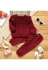 2pcs Baby Girl Solid Plaid Textured Long-sleeve Ruffle Pullover and Trousers Set