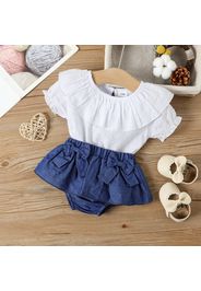 100% Cotton Baby Girl Swiss Dot Ruffle Collar Puff-sleeve Top and Bowknot Skirted Shorts Set