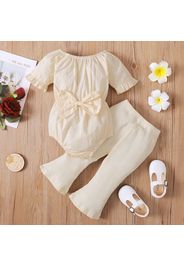 2pcs Baby Girl Solid Swiss Dot Ruffle Short-sleeve Bowknot Romper and Ribbed Bell Bottom Pants Set