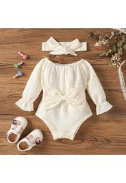 2pcs Baby Girl Solid Textured Bow Front Long-sleeve Romper with Headband Set