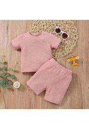 2pcs Baby Girl Solid Ribbed Short-sleeve Tee and Shorts Set