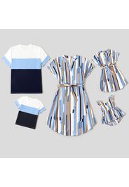 Family Matching Geometric Striped Notch Neck Short-sleeve Belted Dresses and Colorblock Short-sleeve T-shirts Sets