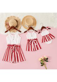 Ribbed Stripe Print Splice Sleeveless Matching Red and White Sling Shorts Rompers