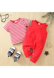 2pcs Baby Boy Striped Short-sleeve Tee and Solid Overalls Set