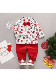 2-piece Toddler Boy Christmas Tree Santa Deer Print Bow Design Long-sleeve Shirt and Red Pants Set