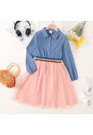 Kid Girl Lapel Collar Button Design Striped Denim Color Mesh Splice Long-sleeve Dress