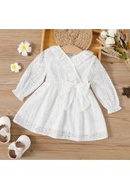 100% Cotton Baby Girl White Eyelet Embroidered Ruffle Trim Bow Front Long-sleeve Dress